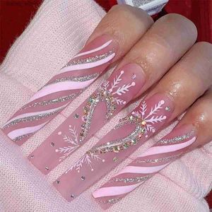 Faux Nails 24pcs Long Cercot Faux Nails Christmas Pink With Ringestones Flakes Snow Fakeables Faux Nails French Presse on Nails Tips Art Y240419