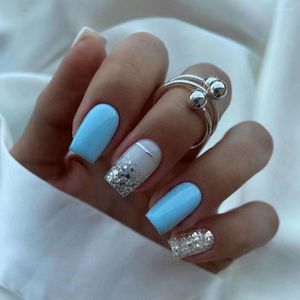 Faux ongles 24 pièces court carré français bleu argent paillettes dégradé rose couverture complète détachable faux ongles conseils appuyez sur