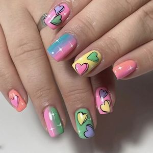 False Nails 24Pcs Short Square Head Heart Pearl Full Cover Nail Tips Detachable Fake Press on Manicure 231013