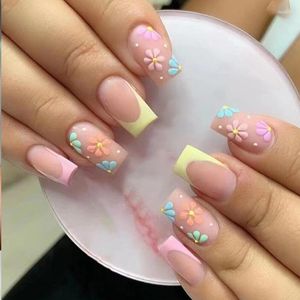 Uñas postizas 3D accesorios falsos puntas cuadradas francesas cortas primavera verano flores diseños Kawaii manicura Faux Ongles prensa en uñas