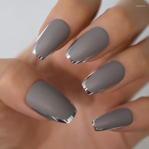 Uñas postizas Fake Designer Silver U Matte Coffin Nail Tips Press Ons Arte de manicura artificial de longitud media para uñas de mujer Prud22