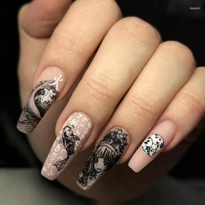 Faux ongles faux ongles Art Gel conseils couverture complète Artificiel noir Graffiti avec presse colle conception clair Long Ballet sur cercueil