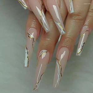 False Nails Fashion Beauty Tools Simple And Reusable 24PCS Long Ballet Fake Gold Print Fresh French Wearable Press On Acrylic