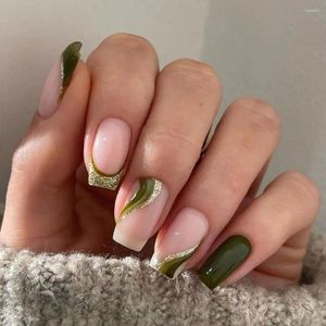 Faux ongles français mode feuille de paillettes d'or longues pointes d'ongles carrées vert ondulé couverture complète presse sur femmes filles