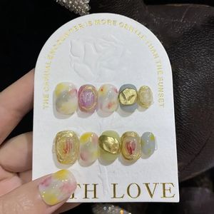 Uñas falsas hechas a mano coreana coreana en uñas uñas estrellas cortas pintura a mano femenina adhesiva acrílico uñas falsas revestimientos de uñas de cubierta completa 231214