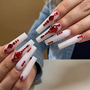 Faux Ongles JP1609 Noeud Chinois Rouge Diamant Design Ensemble Appuyez Sur Blanc XL Longueur Prud22