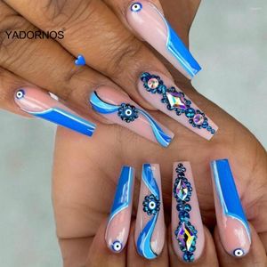 Uñas postizas ataúd largo 24 piezas azul punto raya color diamante prensa para mujer chica usable cubierta completa