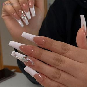 Faux ongles long cercueil presse sur blanc français conseils papillon paillettes diamant conceptions faux ongles couverture complète Ballet pour les femmes