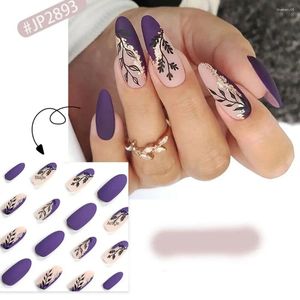 Faux ongles longs ovales manucure feuille violette paillettes d'or presse sur les pointes d'ongles françaises détachables bricolage