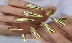 Upas falsas Consejos de uñas de ataúd metálico Long Ballerina Gold Mirror falso en el juego completo para decoraciones de uñas 22022255571583