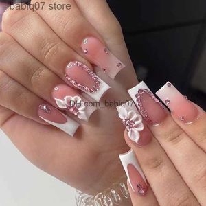 Faux Ongles Mi-longueur explosive paillettes diamant rose fleurs douces portant une armure simple français pur désir fille blanche faux ongles Nails T230425