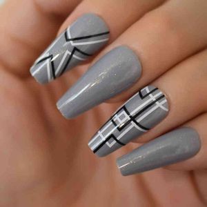 False Nails Nail Art False s Coffin Grey Press on Medium Long with Designs Fake s Stick Display Faux Gles Shimmer 220225