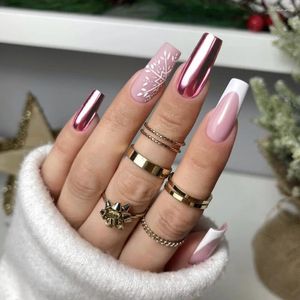 Faux ongles rose miroir faux flocon de neige de Noël français ongles conseils portable couverture complète presse sur pour les filles cadeaux de Noël