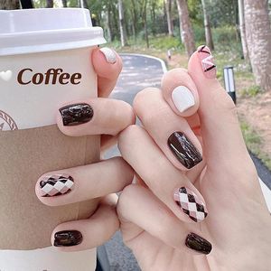 Uñas postizas a cuadros, café, punta marrón, Chocolate, efecto UV, arte de uñas postizas, cobertura completa, Color blanco leche corto, prensa a juego