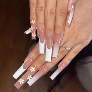 Faux ongles appuyez sur le long cafin gradient 3d fleurs conceptions blanc fran￧ais faux ongles portables autocollants de couverture compl￨te