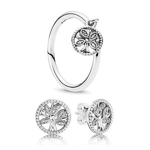 Juego de aretes y anillos de árbol genealógico para Pandora REAL 925 Juego de joyas de plata de ley para mujeres y niñas Anillos de aretes de lujo con caja original