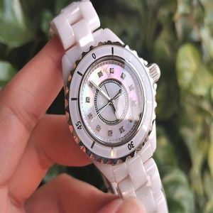 Célèbre marque femmes montre en céramique nacre cadran 12 diamant horloge hommes unisexe mode Watch289W