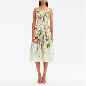 Robe fantaisie en coton pour femme, imprimé floral et oiseau, taille froncée, poitrine plissée, robe midi artisanale