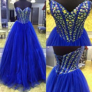 Fancy Royal Blue Prom Dresses 2018 Recién llegados Sweetheart Neck Sparkly Rhinestones Beaded Corset Corpiño A Line Tulle Vestidos formales