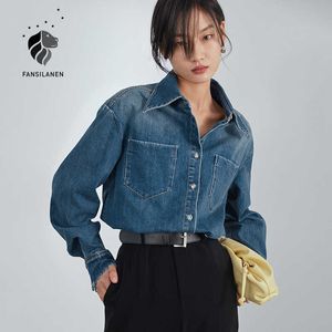 FANSILANEN Casual 100% algodón azul denim blusa camisa mujer manga larga primavera botón arriba mujer oversize bolsillo jeans top 210607