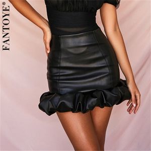 FANTOYE Vintage élégant noir PU jupes femmes mode Faux cuir bourgeon jupes automne plissé dames Sexy fête jupes courtes 210306
