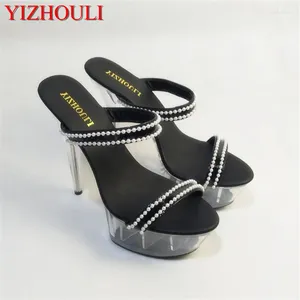 Moda 1419 Sandalias zapatillas de vidrio para mujeres Noble Transparente Piso de 15 cm Decoración de cuentas de tacón alto