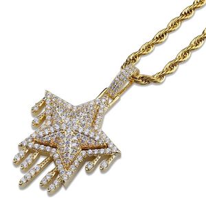 Moda- Oro de 18 quilates y oro blanco chapado en diamantes completos CZ Zircon Pentagrama Collar colgante Joyería de Hip Hop Regalos para hombres y mujeres 2405