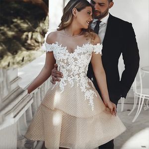 Moda 2024, vestido de novia con apliques de encaje y hombros descubiertos, vestidos de novia cortos hasta la rodilla hechos a medida