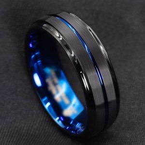 Anillo de boda de tungsteno con borde de escalera cepillado negro y azul de 8mm a la moda, anillo fino de motorista con ranura azul, regalo de anillo de boda para hombre