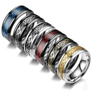 Mode 8mm bague de mariage pour hommes femmes rétro celtique Dragon incrusté rouge fibre de carbone anneaux taille 6-13