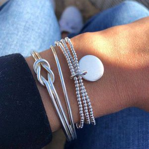 Pulsera de plata 925 de moda para mujer, conjunto de joyería hipoalergénica con borla y nudo Simple, brazalete abierto IB09031