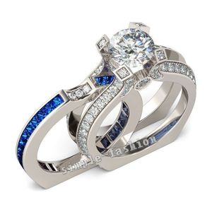 Mode 925 en argent sterling taille princesse bleu saphir diamant CZ pierres précieuses anneaux ensemble de fiançailles mariage mariée bande anneaux doigt pour les femmes