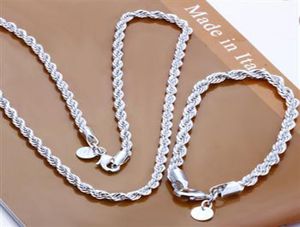 Mode 925 Sterling Silver Set Solid Rope Chain 4MM Hommes Femmes Bracelet Collier 16quot24inch bijoux Lien Italie Noël Nouveau S0512019936
