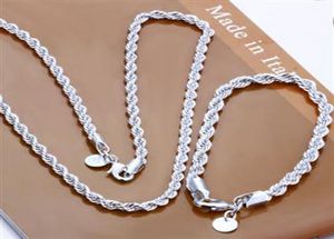 Mode 925 Sterling Silver Set Solid Rope Chain 4MM Hommes Femmes Bracelet Collier 16quot24inch bijoux Lien Italie Noël Nouveau S0515130589