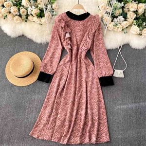 Mode A-Line Robe Femme Automne et hiver Col rond Slim Floral Imprimer Manches longues Vêtements élégants Robes Q308 210527