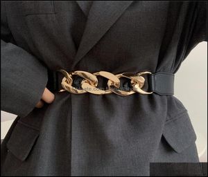 Fashion Assories Gold Chain Belt Elastic Sier Sier Metal Taille Beltes pour femmes ceiture Femme Stretch Cummerbunds Ladies Coat Ketting2411422