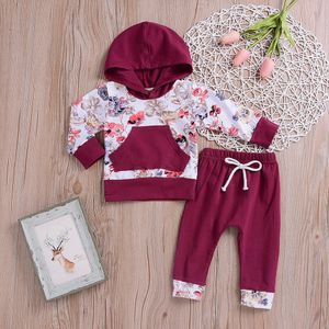 Moda ropa de bebé niño niña ropa conjunto 2 unids floral tops con capucha pantalones trajes conjunto ropa ropa de invierno para niños