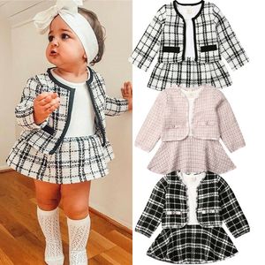 Mode Bébé Filles Vêtements Ensemble Enfant Manteau À Carreaux + Manches Longues Patchwork Treillis Tutu Robe 2pcs / ensemble Boutique Chothes Enfants Costumes M945