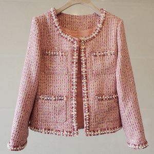 Abrigo con cuentas de moda para mujer Otoño Invierno estilo coreano de una sola botonadura de manga larga ajustado elegante chaqueta rosa de Tweed