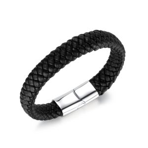 Pulseira de couro trançado preto fashion masculina com fivela de sucção magnética pulseira de aço inoxidável para mulheres presentes masculinos 12 mm 7,87 polegadas