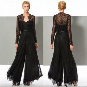 Mode Noir Dentelle Combinaison Mère De La Mariée Pantalon Costumes Chérie Cou Robe D'invité De Mariage Avec Vestes Plus La Taille Mères Robes De Marié