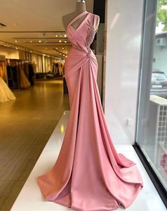 Mode Blush Rose Robes De Soirée Une Épaule Perlée Sans Manches Robes De Bal Sirène Plis Étage Longueur Célébrité Femmes Formelle Parti Pageant Robes