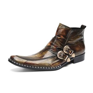 Fashion Bronze Men's Boots Buckles Zip Formal Genuine Leather Ankle Boots Men Party, Wedding Botas Male, Tailles 38-46!