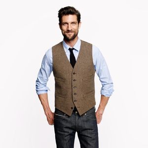 Chalecos de tweed marrón a la moda, traje de lana en espiga de estilo británico hecho a medida para hombre, chaqueta entallada a medida, trajes de boda para hombre P:3