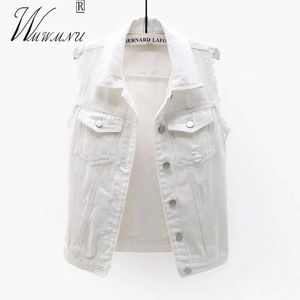 Mode Casual Blanc Denim Vestes Style Coréen All-Match Couleur Unie Sans Manches Survêtement D'été Bouton Poche Jean Gilet Femme Gilet Femme