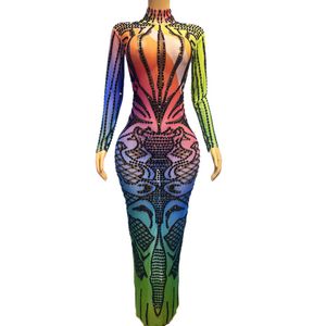 Moda Colorido Estampado floral Vestidos de pista Clubwear Rhinestones Vestido largo Mujer Cantante Modelo Escenario Rendimiento Celebre Traje transparente