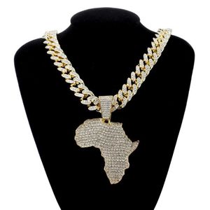 Collier pendentif carte de l'afrique en cristal pour femmes et hommes, accessoires Hip Hop, bijoux, ras du cou, chaîne à maillons cubains, cadeau 343R