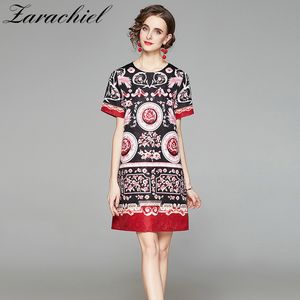 Diseñador de moda Runway Verano Mujer Manga corta Cintura suelta A-Line Lujo Jacquard Impreso Vintage Mini vestido 210416