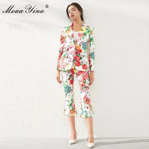 Fashion Designer Set Spring Women's Long Sleeve Suit Tops + 3/4 pants Print Floral Two-piece set 210524