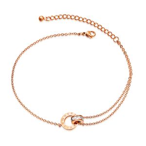 Fashion Double Anneaux Zircon Anklettes Femmes Designer Rose Gol Numéro romain Chaîne de pied Titane en acier Bijoux pour femmes